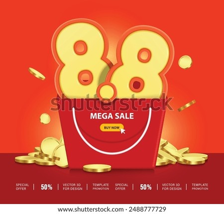 mega sale advertisement, 8.8 3D yellow placed in red shopping bag and money all coins place back, vector for Discount promotional advertising design eighth day of eighth Month, August promotion