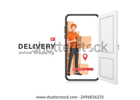 male delivery person in an orange uniform is standing with parcel box or cardboard box, waiting to deliver it at the customer's doorstep, which resembles smartphone, vector 3d for online shopping