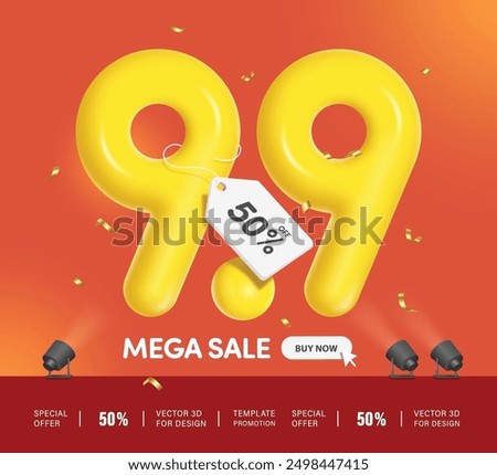 mega sale promotion, 50% off promotional tag hanging with yellow number 9.9 3D. For banner design or campaign advertising. The ninth day of the ninth month, vector for advertisement design