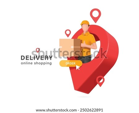 male delivery driver in a yellow uniform carries a parcel box or cardboard box on red pin map indicating customer's location, vector 3d isolated on white background for online shopping design