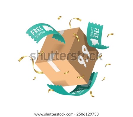 promotion label Free shipping green floating in the air around a parcel box or cardboard box for mega sale 9.9 campaign advertising design, vector 3d isolated for delivery, online shopping design