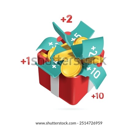 Gold coins and coupon are collected in red Gift box be redeemed for points after shopping online or using delivery services, vector 3d isolated on white background for promotion sale