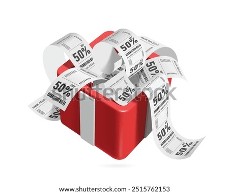 Many receipts paper with a 50% off promotional message placed in red gift boxes to give as gifts to customers, vector 3d isolated for online shopping advertising design, vector for advertisement