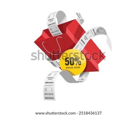 Red paper shopping bags, receipt paper and yellow circular promotional sign with message special offer 50% off floating in the air on a white background, vector 3d isolated for advertising design