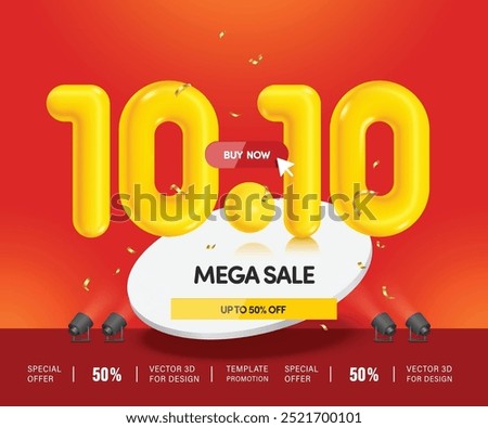 mega sale promotion ,number 10.10 yellow 3d float in the air on white round podium with 50%off text for Advertising campaign on the tenth day of the tenth month, vector 3d for banner design