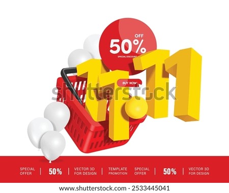 Mega sale promotion ,number 11.11 yellow, 50% discount promotion sign, red circle flying in the air into red shopping basket, vector 3d isolated for advertising design, Eleventh day of eleventh month