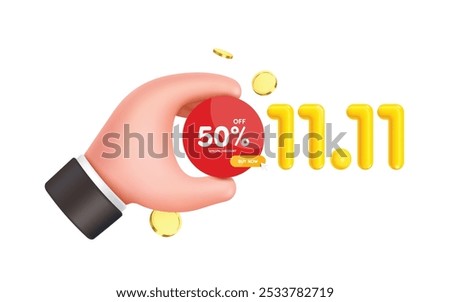 The left hand holds a 50% discount promotion sign, circled in red, to promote the 11.11 campaign, the eleventh day of the eleventh month, vector 3d isolated on white background for advertising design