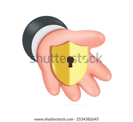 Left hand of businessman holding gold shield with keyhole in middle to protect against financial data theft, vector 3d illustration for finance concept design, vector minimal style for advertising