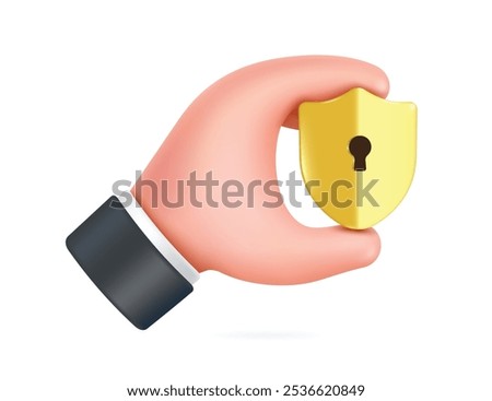 Left hand of businessman holding gold shield with keyhole in middle to protect against financial data theft, vector 3d illustration for finance concept design, vector minimal style for advertising