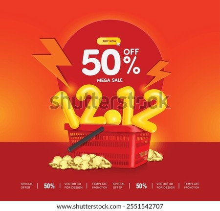 circular 3D 50% Off discount sign and the number 12.12 in yellow placed in red shopping basket with a thunder bolt striking down for designed for promotional advertisement campaign mega sale