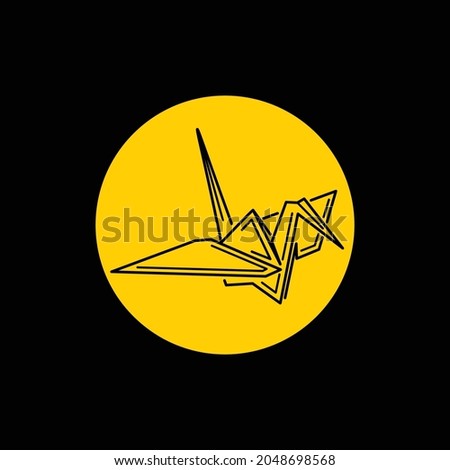 paper crane or paper craft traditional japanese japan nippon origami crane senbazuru with yellow circle background logo vector icon illustration line outline mono line design inspiration