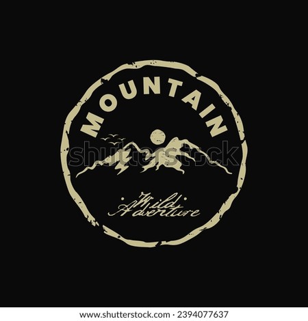 vintage retro classic rustic hipster of sun sunrise sunset mountain hill peak rocky ice top mount landscape nature view silhouette with circle rounded shield label stamp badge emblem patch logo design