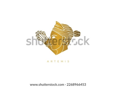 Gold design logo for Artemis, the ancient Greek goddess of hunting, nature, wild animals, children and birth. Vector file for any resolution without losing its quality.