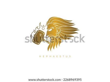 Gold design logo for Hephaestus, the ancient Greek god of fire, smiths, craftsmen, metalworking, stonemasonry and sculpture. Vector file for any resolution without losing its quality.