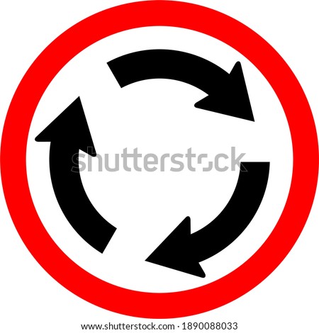 Round traffic sign, Roundabout. Vehicles go to the left - also give way to vehicles from the right.