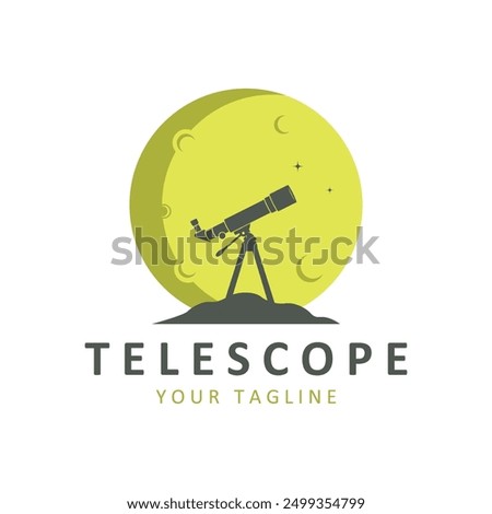 telescope science planet moon stars night watch experiment logo illustration design. Simple telescope isolated on background.