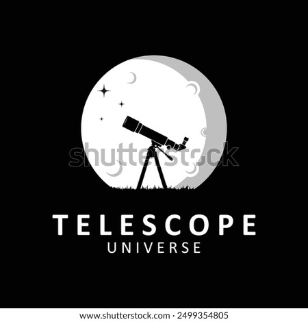 telescope science planet moon stars night watch experiment logo illustration design. Simple telescope isolated on background.