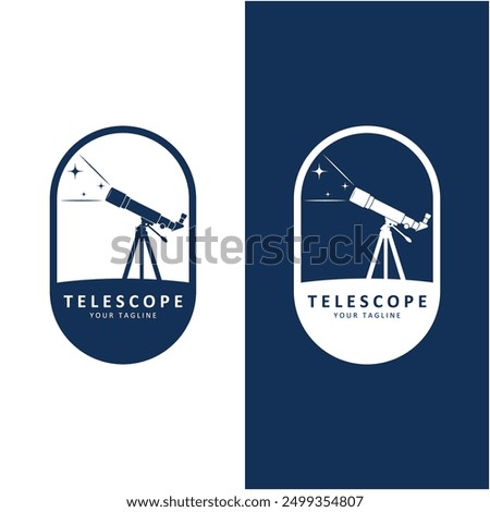 telescope science planet moon stars night watch experiment logo illustration design. Simple telescope isolated on background.