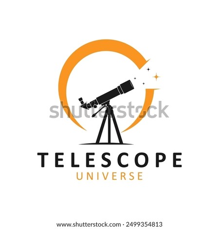 telescope science planet moon stars night watch experiment logo illustration design. Simple telescope isolated on background.