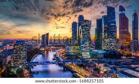 Moscow city skyscraper and skyline architecture, Moscow international business financial office with Moscow river, Aerial view skyscraper of Moscow City business center in autumn season, Russia.