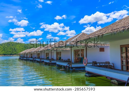 Floating house on the Srinakrarin Dam in Kanchanaburi Province of Thailand