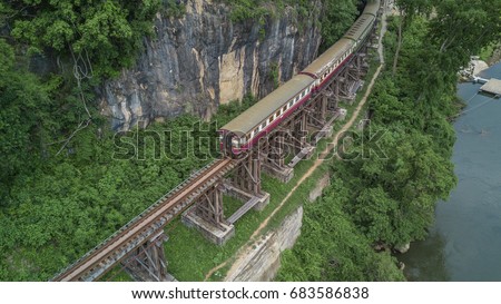 Aerial view Death Railway cave Krasae, Thai Train on River Kwai Bridge Kanchanaburi, Thailand. Foto stock © 