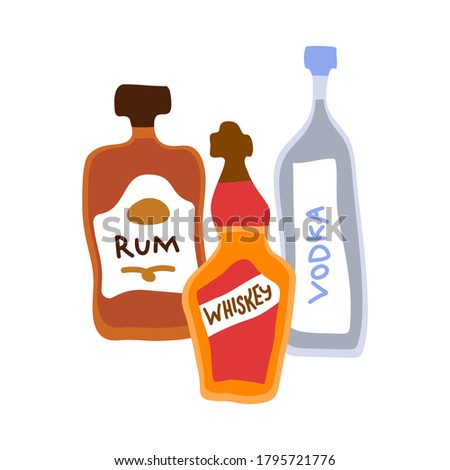 Collection of bottles of strong alcohol. Vodka, rum and whiskey. Party drinks concept. Hand draw cartoon isolated illustration on white background. Doodle line graphic design. Freehand drawing style.
