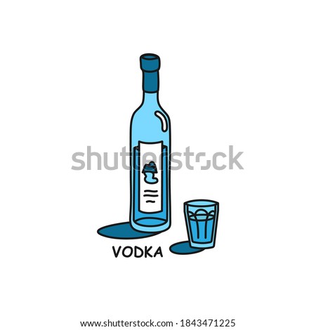 Vodka bottle and glass outline icon on white background. Colored cartoon sketch graphic design. Doodle style. Hand drawn image. Party drinks concept. Freehand drawing style. Vector.
