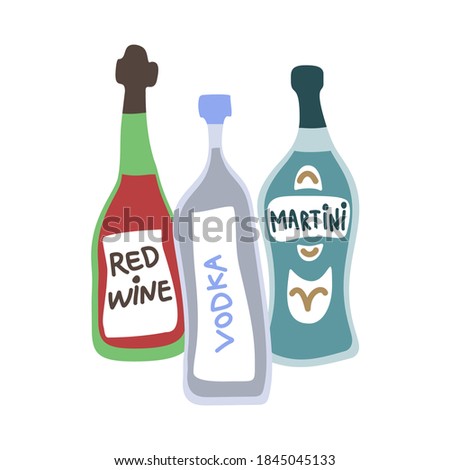 Collection of bottles of strong alcohol. Vodka, red wine and martini. Party drinks concept. Hand draw cartoon isolated illustration on white background. Doodle line graphic design. Freehand drawing.
