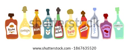Collection of bottles of alcohol. Beer champagne red wine liquor vodka martini whiskey rum tequila. Hand draw cartoon isolated illustration. Doodle line graphic design. Freehand drawing style. Vector
