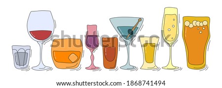 Collection of glasses of alcohol. Beer champagne red wine liquor vodka martini whiskey rum tequila. Hand draw cartoon isolated illustration. Doodle line art graphic design. Freehand drawing style.
