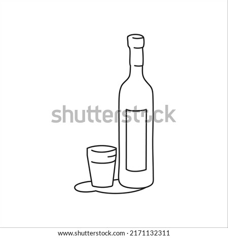 Vodka bottle and glass outline icon on white background. Black white cartoon sketch graphic design. Doodle style. Hand drawn image. Party drinks concept. Freehand drawing style. Vector.
