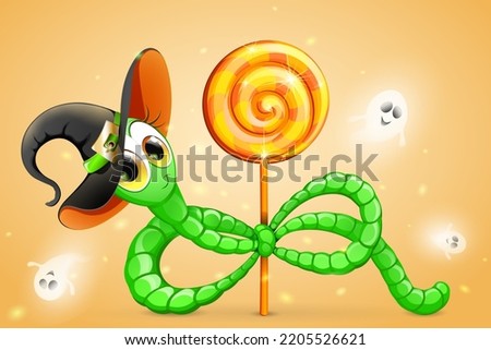 Cute cartoon Funny green worm in Witch hat holding lollipop with flying ghosts. Halloween concept 