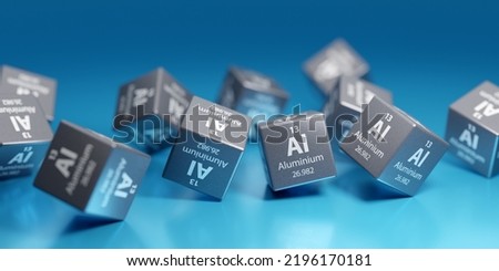 Aluminum (Al) very light metal, conductor of electric current, used in electrical engineering and the aviation industry. Promotional education periodic symbol element 3D render. Stok fotoğraf © 