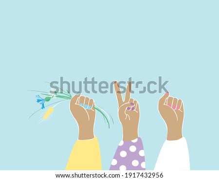 Feminist wall art. Girl power. Feminist art print. Woman supporting. Feminist vector illustration. International Woman Day. Empowerment woman art print. Hands in the air. Protests art. 