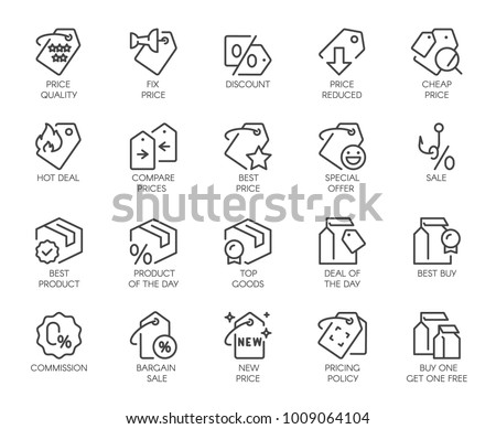 Set of 20 line icons for online or offline stores, shopping, booking sites and mobile apps. Graphic contour logo for offers, commerce, black friday sale and other design needs. Vector isolated