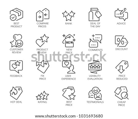 20 linear icons for online or offline stores, mobile apps and messengers. Promotion, marketing and advertising line signs. Sale and review concept. Vector illustration isolated on white background