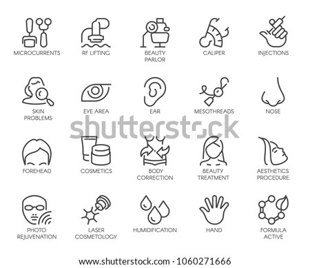 Cosmetology line icons set. 20 outline pictograms isolated. Beauty therapy, bodycare, healthcare, wellness treatment linear symbols. Correction, rejuvenation, anti-aging procedure logo. Vector graphic