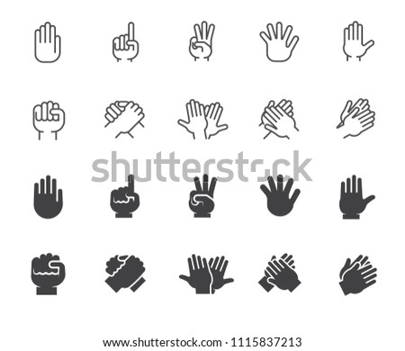 Set of hands gesticulation buttons. Collection icons in line and glyph designs. Handshake, applause, index finger, palm, high five.and other graphic symbols. Vector illustration isolated