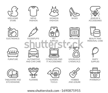 Premium Icons Pack on Shopping Mall Wayfinding , Shop Category. Appliance, Accessories, Supplies, Care. Custom Vector Icons Set for Web and App in Outline Style. Editable Stroke and Pixel Perfect.
