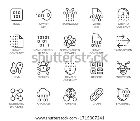 Premium Icons Pack on Blockchain System, Crypto Technology . Such Line Signs as Cryptographic, Decentralised Database . Custom Vector Icons Set for Web and App in Outline Style. Editable Stroke.