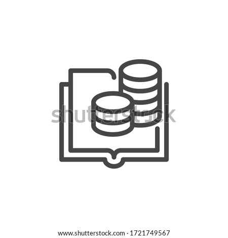 Thin Icon of Accountant, Accounting and Budget or Banking. Such Line Sign as Book Ledger and Cash coins. Custom Vector Pictogram EPS 10 for Web and App in Outline Style Editable Stroke.