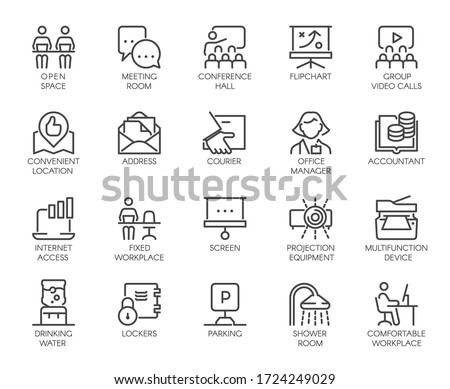 Premium Icons Pack of Coworking Center and Workspace, Business Space and Office Equipment. Such Line Signs as Workplace, Accountant, Manager. Custom Vector Icons Set in Outline Style Editable Stroke.