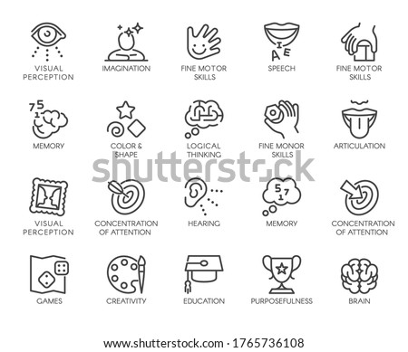 Premium Icons Pack on Human Cognitive Abilities and Preschool Development of Children. Such Line Signs as Fine Motor Skills, Articulation. Vector Icons Set for Web and App in Outline Editable Stroke. ストックフォト © 