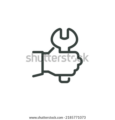 Thin Outline Icon Human Hand Holding a Wrench, Spanner in Arm. Such Line Sign as Car Mechanic Services, Plumbing Work. Vector Computer Isolated Pictograms for Web on White Background Editable Stroke