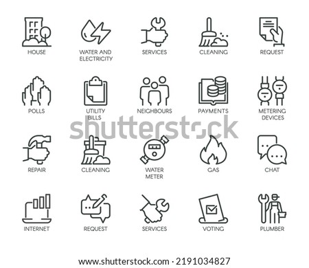 Premium Icons Pack on Housing and Communal Services Consumer Services Public Utilities. Such Line Signs as Plumbing Work, Cleaning Garbage. Vector Icons Set for Web and App in Outline Editable