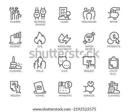 Premium Icons Pack on Housing and Communal Services, Consumer Services, Public Utilities. Such Line Signs as Plumbing Work, Water Supply. Vector Icons Set for Web and App in Outline Editable Stroke.