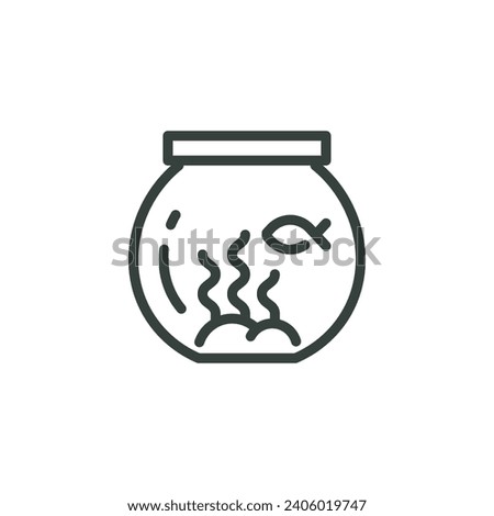 Thin Outline Icon Fish Home Aquarium, Fishbowl With Fish and Algae. Such Line Sign as Pet Supplies Pets Accessories. Vector Isolated Pictograms on White Background Editable Stroke.