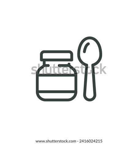 Thin Outline Icon Baby Food Jar With Spoon. Such Line Sign as Baby Puree, First Meal, Child Nutrition. Vector Isolated Custom Pictogram for Web and App on White Background Editable Stroke.