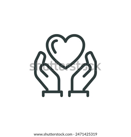 Thin Outline Icon Heart in Hands Two Hands Holding a Heart. Such Line Sign as Gesture Charity Message Love and Care, Caring Hands Donation or Healthcare. Vector Isolated Pictogram on White Background.